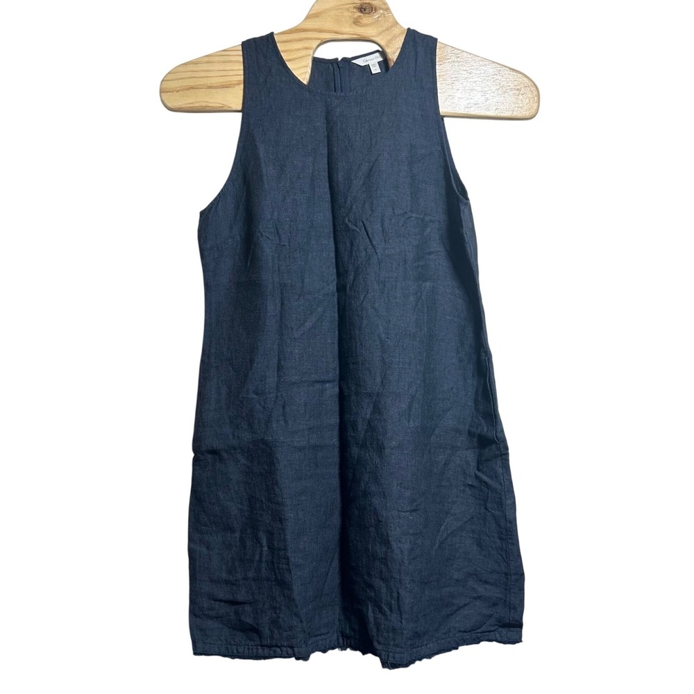 Garnet Hill Womens 14 Navy Blue 100% Linen Sleeveless Shift Dress Raw Hem Pocket